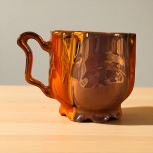 May include: A ceramic mug with a unique design, featuring a blend of orange and brown metallic glaze. The mug has an ornate handle and a decorative base, suitable for beverages.