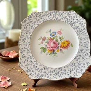 Prato de porcelana quadrada estilo &quot;Chintz&quot; da Royal Winton, borda dourada, flores, decoração para casa, louças colecionáveis de porcelana fina