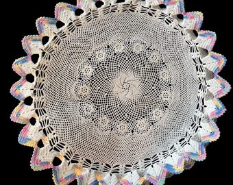 Large Hand Crocheted Lace Doily Table Centerpiece Pastel Rainbow Ruffle Edge Cottagecore Decor Round Crochet Linen Style Mat