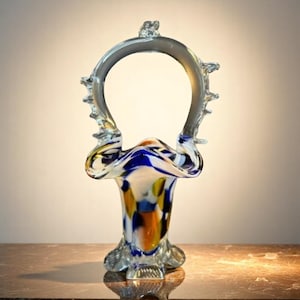 Multicolored Italian Hand Blown Murano Style Art Glass Basket Home Decor Collectable Vibrant Colors Elegant Room Decoration Accent Piece
