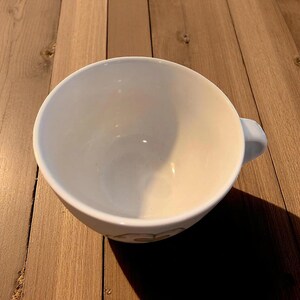 May include: A white ceramic mug with a light blue handle. The mug has a wide opening and a smooth, glossy finish. The mug is sitting on a wooden surface.