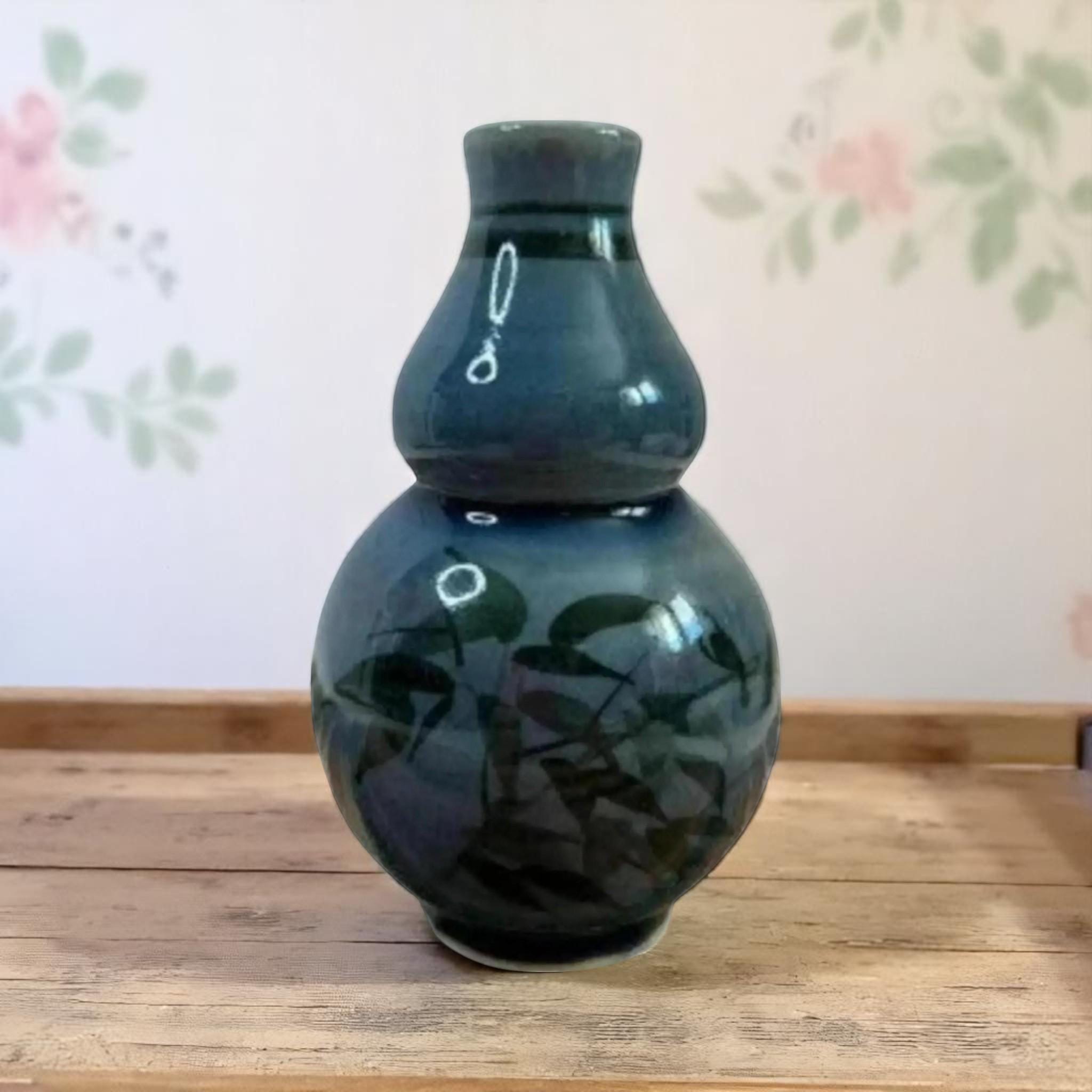 タイ産青磁の花瓶 ブルークラックル釉 鳥 木 竹製 陶器 タイ製 ホーム