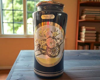 Japanese Chokin Art Vase 24KT Gold Floral Cart Decor Black Porcelain Bud Vase Made in Japan Asian Decorative Accent Collectible