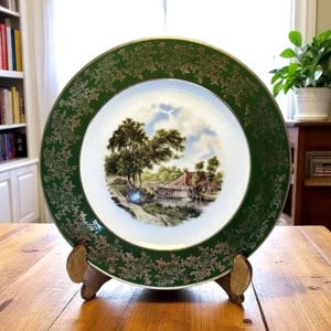 1950&#39;s Royal Falcon Ironstone Weatherby Hanley England 2-79 Green with Gold Inlay Trim Farmers China Home Decor Servingware Collectable