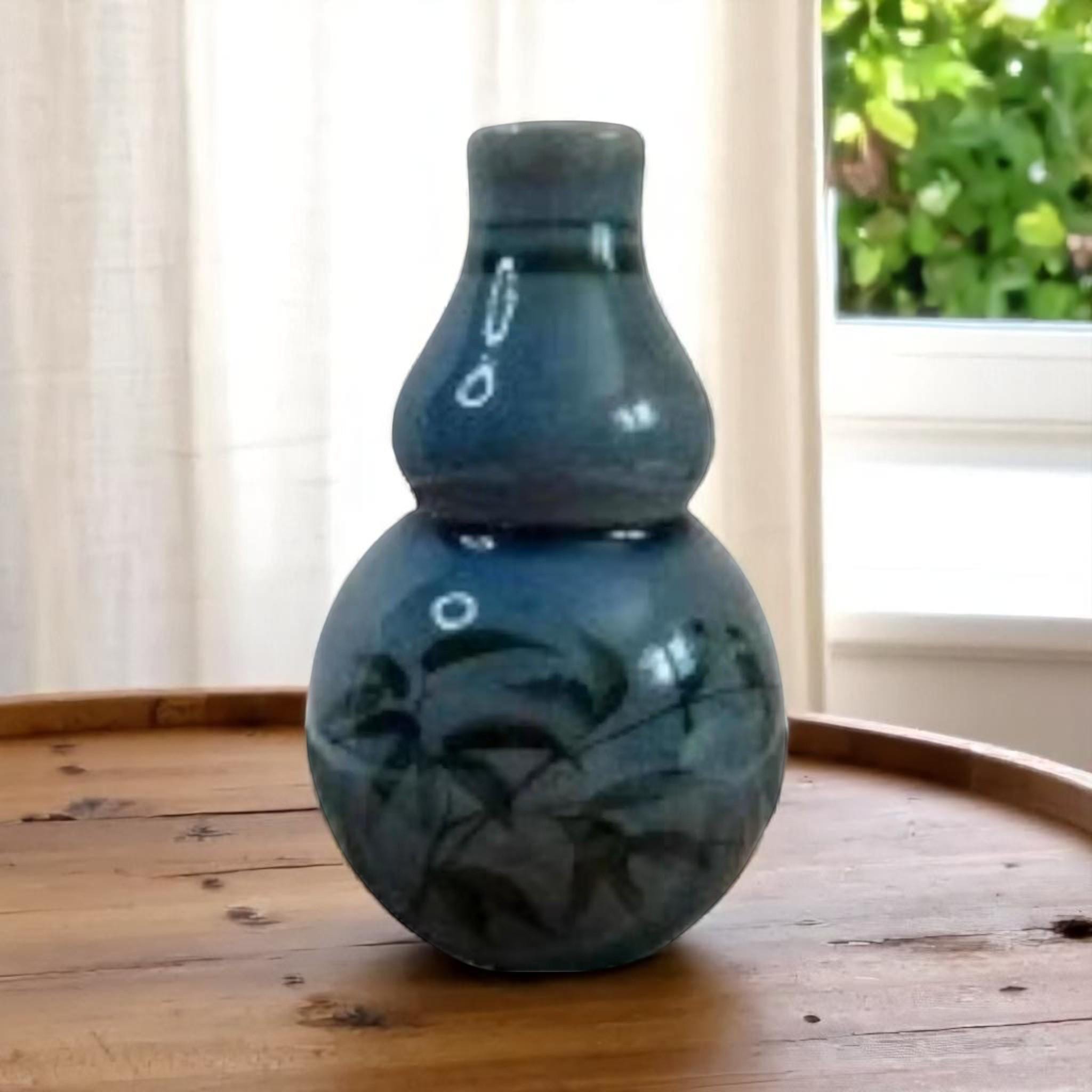 青磁花瓶 タイ産青磁の花瓶 ブルークラックル釉 鳥 木 竹製 陶器 タイ製 ホーム