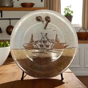 May include: A decorative plate with a hand-painted landscape scene. The plate features a house, trees, and water in shades of brown and beige. It is displayed on a black metal stand, suitable for home decor.