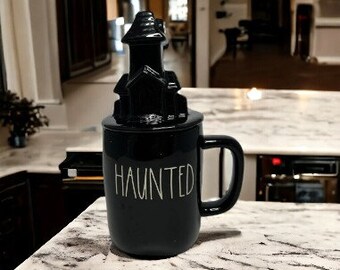 NEW Rae Dunn "Haunted" Ceramic Mug with Haunted House Topper, Rae Dunn Ceramic Decor