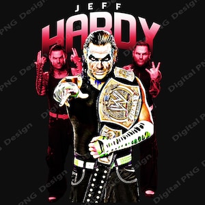 May include: A wrestler wearing a black and white wrestling outfit with a green belt and multiple gold championship belts. The wrestler has black and white face paint and is holding a championship belt in his right hand. The wrestler is standing in front of two other wrestlers. The text "JEFF HARDY" is written in red letters above the wrestler.