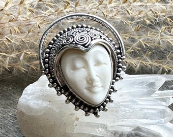 Divine Harmony: Carved Bovine Bone Goddess Ring in Solid 925 Silver