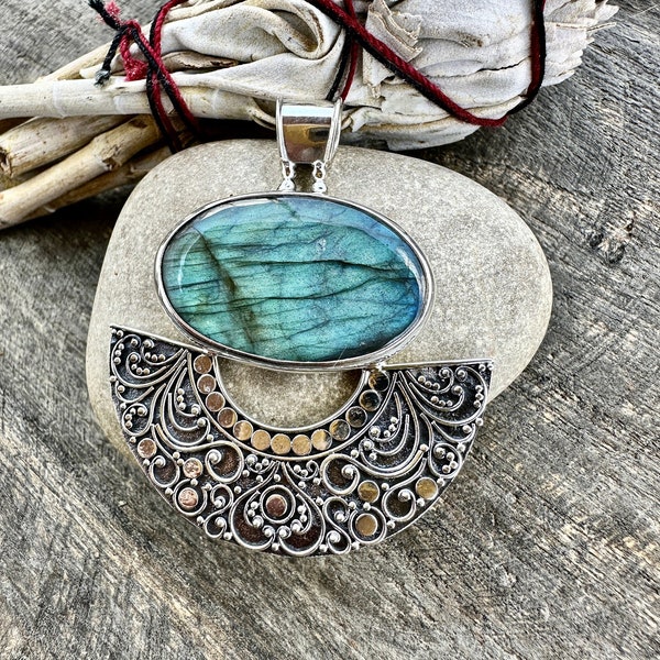 Ancestral Wisdom: Sterling Silver Pendant with Majestic Amethyst Moonstone Labradorite and Filigree Tapestry - Crystal Healing Meditation