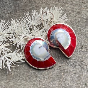 Nautilus Shell with Mother of Pearl and Red Resin 925 Silver Handmade Earrings - Crystal Healing Meditation