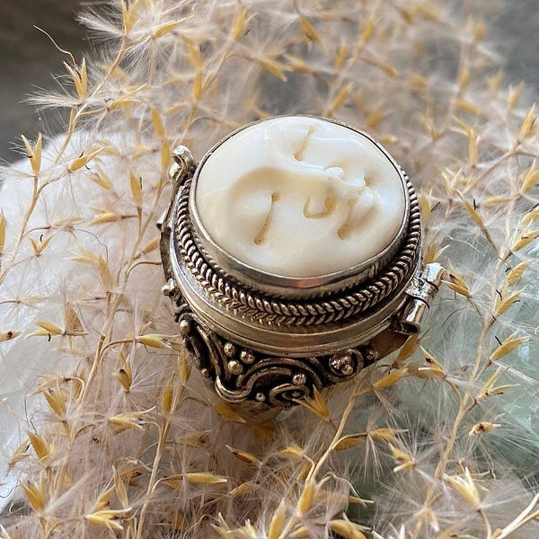 Hand Carved Goddess Moon Face Poison Ring - 925 Silver Handmade Locket