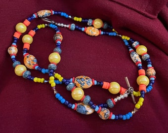 38” NECKLACE Nice Long Hand Beaded Beautiful - Fun and Festive Vivid Colors Yellows Blues Oranges Reds Black - Touch of Tiny Gold Crystals