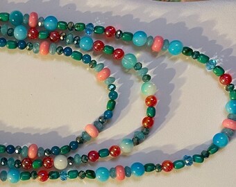 SALE  Triple Strand Hand Beaded Necklace of Approx 24 in 18 in and 16 in Beautiful Array of Colors Turquoise Pink Red Green Reduced 12/30/23