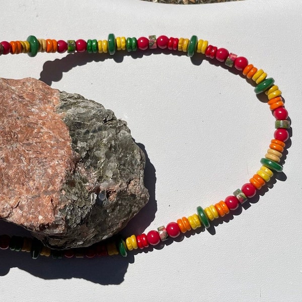 SALE 17” Necklace Handmade Beaded Bright FESTIVE would work for a Guy or Gal. Approx 17-inch Cinco De Mayo Price Reduced 3/1/24