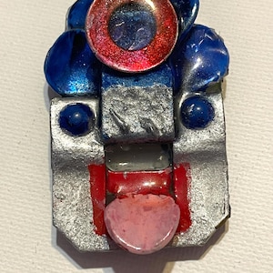 Upcycled Assemblage Art Pin – Repurposed Found Objects Jewelry “Silly Bea”