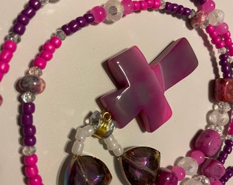 SALE PRICED 31” Agate Cross Long Necklace - Hand Designed  Hand Beaded Colors are various shades of Pink and Purple Clear Crystal AB Crystal