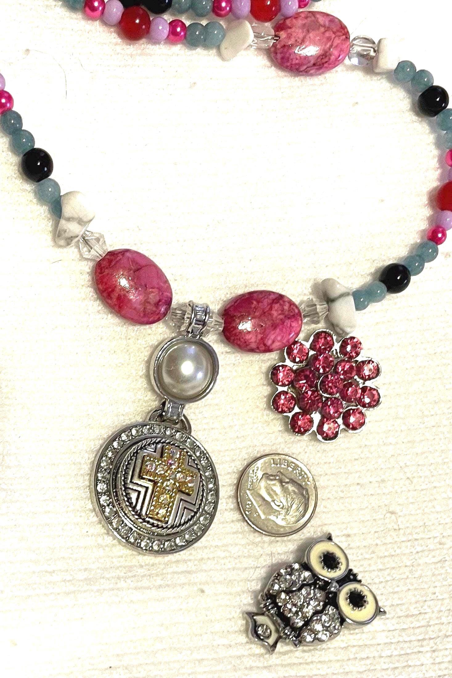 Long Beaded Necklace with Interchangeable Snaps &ndash; Owl, Cross, Rhinestone