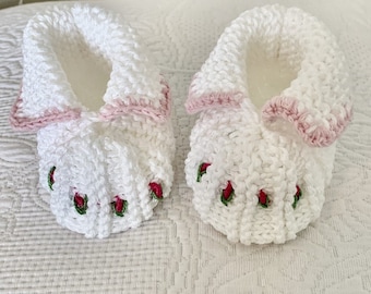Hand Knitted Baby Booties - WHITE MONA LISA - Perfect for Layette Set, Baby Shower Gift, Birthday Gift, Take me Home Outfit or any occasion.