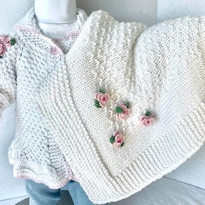 Hand Knit Baby Girl Blanket, Sweater, Hat and Booties   MAGIC .  Christening, Layette Set, Baby Shower Gift, Birthday Gift, Take me Home