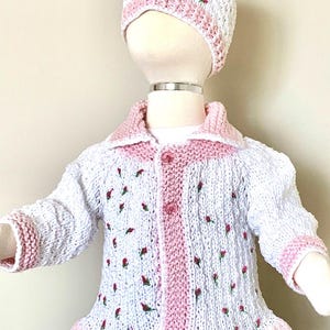 Hand Knit Baby Girl Sweater and Hat-MONA LISA- Layette Set, Baby Shower Gift, Birthday Gift or Take me Home Outfit or any occasion.