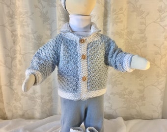 Hand Knit Baby Boy Sweater and Hat - MY HERO - Layette Set, Baby Shower Gift, Birthday Gift, Take me Home Outfit or other any occasion.