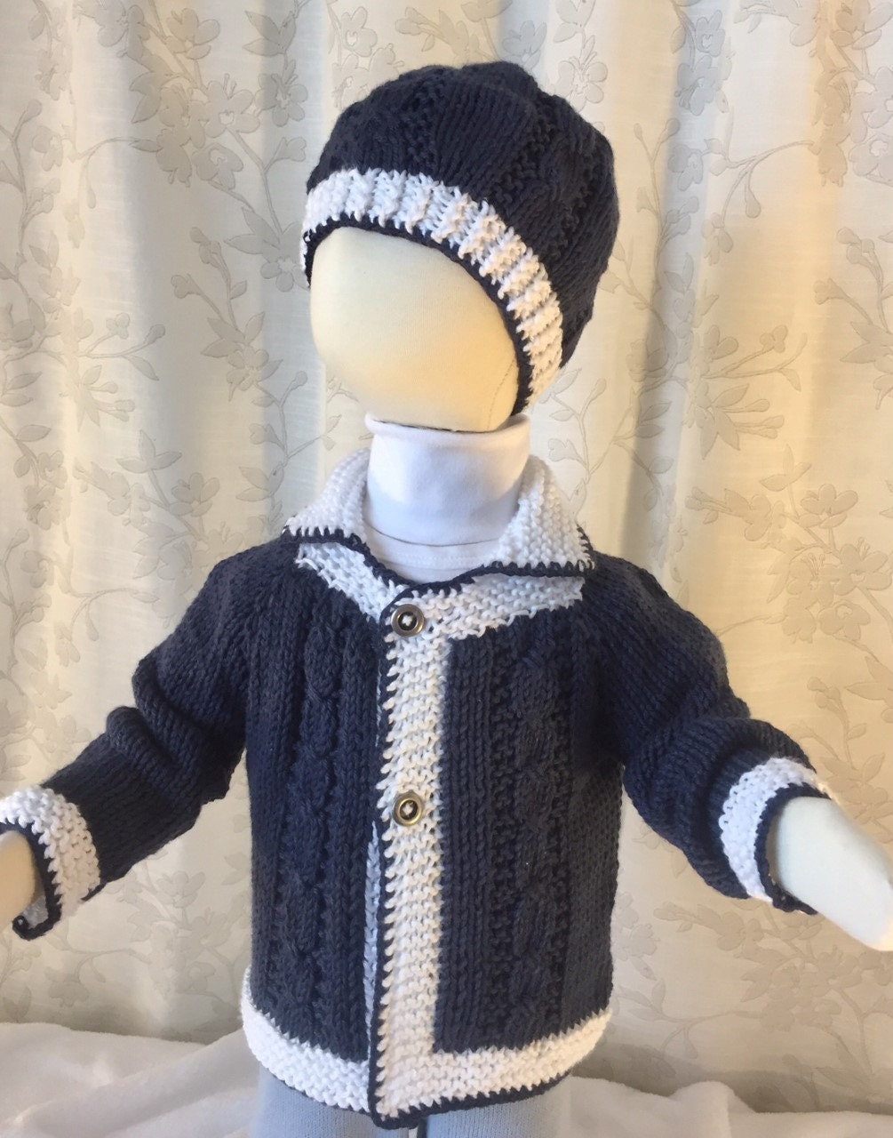 Hand Knit Baby Boy Sweater and Hat NAVY CABLE Layette Set, Baby Shower