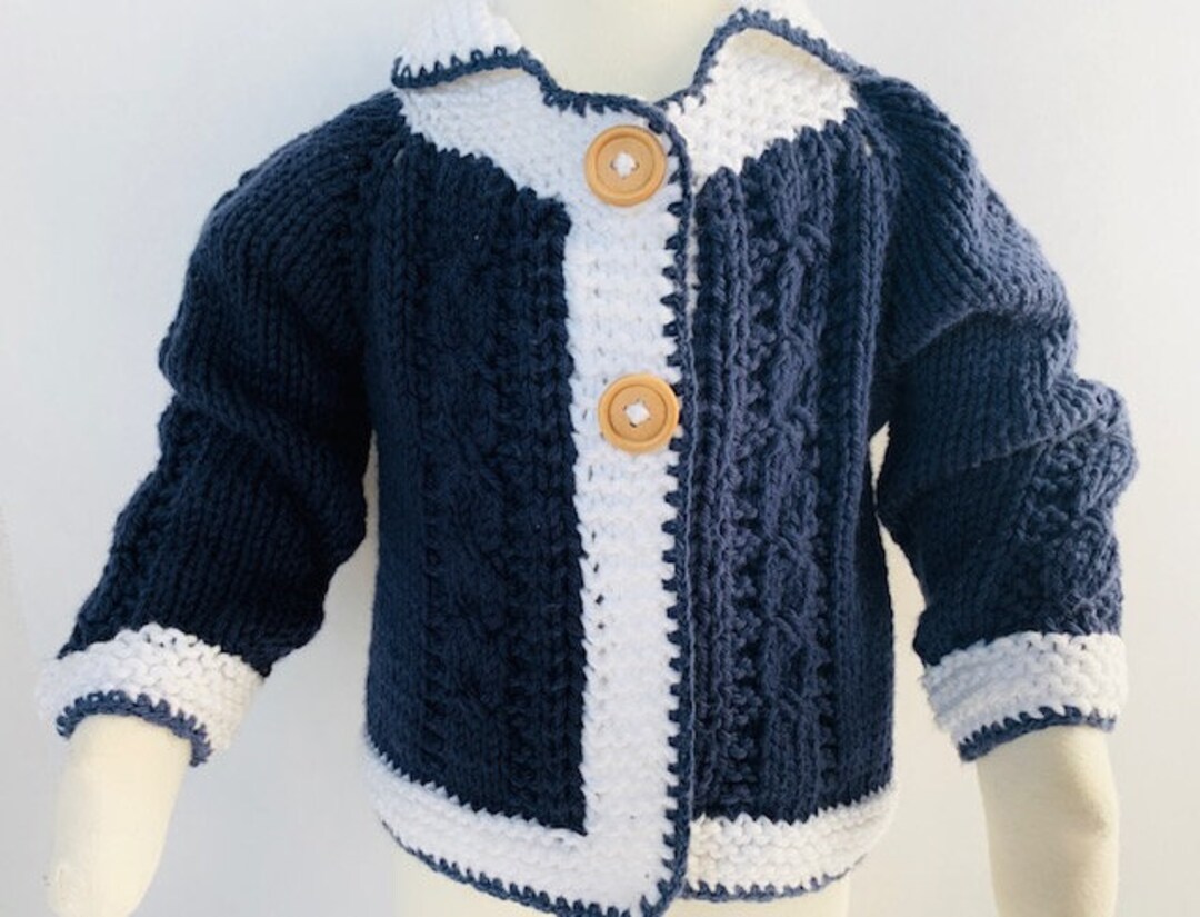 Hand Knit Baby Boy Sweater and Hat NAVY CABLE Layette Set, Baby Shower Gift, Birthday Gift or