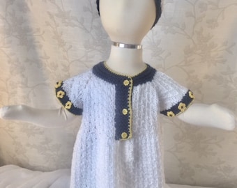 Hand Knit Baby Girl Short Sleeve Summer Dress - SOPHIE - Layette Set, Baby Shower Gift, Birthday Gift, Take me Home Outfit or any  occasion.