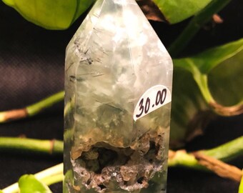 May include: A clear, green crystal point with dark inclusions and a hollowed-out section. The crystal has a pointed top and a sticker with the number 30.00 on it. The background includes green leaves.