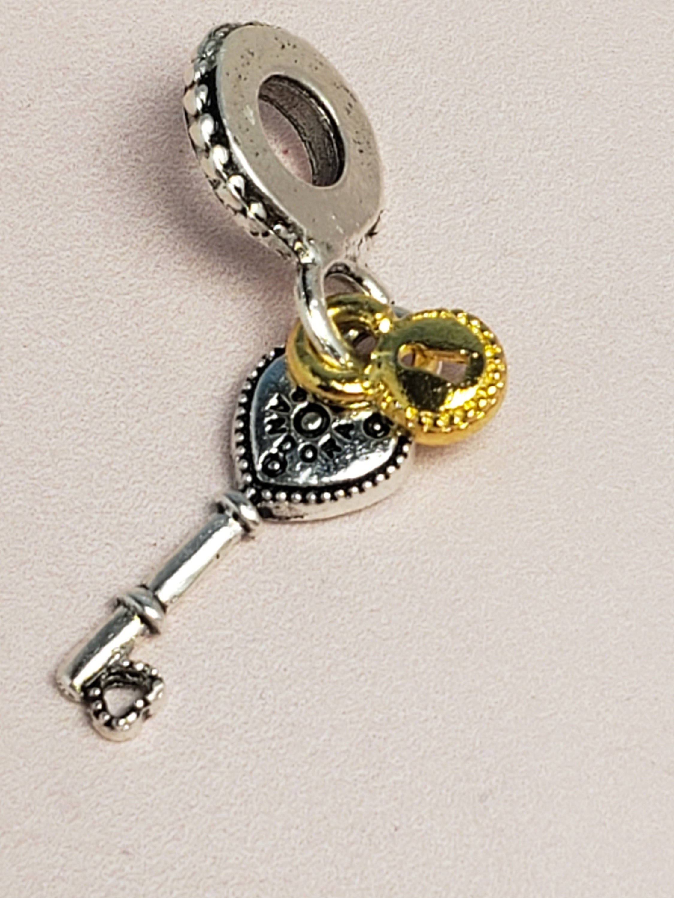Solid 925 Sterling Silver Lock with Dangling Key and Gold Tone Dots Charm Bead for European Snake Chain Bracelets Solid 925 Sterling Silver Lock with Dangling Key and Gold Tone Dots Charm Bead for European Snake Chain Bracelets