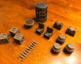 Dungeon furniture Accessories Set 28mm Terrain Dungeons & Dragons Pathfinder Scenery crates barrels tables
