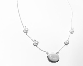 Sterling Silver Personalized Engraved Tag Necklace with White Cultured Freshwater Pearls 16&quot; Free Engraving & Shipping