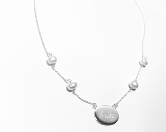 Sterling Silver Personalized Engraved Tag Necklace with White Cultured Freshwater Pearls 16" Free Engraving & Shipping