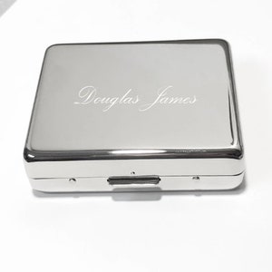 Silver Pill Box Personalized 7-Day Pill Organizer 8 Lidded Plastic Compartments Interior Mirror Free Engraving and Shipping