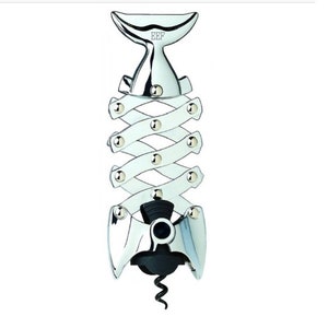 May include: A silver fish-shaped corkscrew with a black handle and a silver screw. The corkscrew is a spring-loaded design and has the word "BEF" printed on the tail fin.