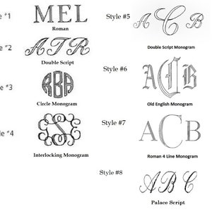 Może przedstawiać: Zbi&oacute;r ośmiu styl&oacute;w monogram&oacute;w w czerni i bieli. Style obejmują Roman, Double Script, Circle Monogram, Interlocking Monogram, Double Script Monogram, Old English Monogram, Roman 4 Line Monogram i Palace Script.