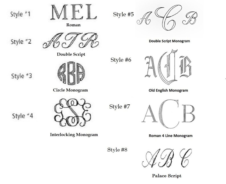 Może przedstawiać: Zbi&oacute;r ośmiu styl&oacute;w monogram&oacute;w w czerni i bieli. Style obejmują Roman, Double Script, Circle Monogram, Interlocking Monogram, Double Script Monogram, Old English Monogram, Roman 4 Line Monogram i Palace Script.