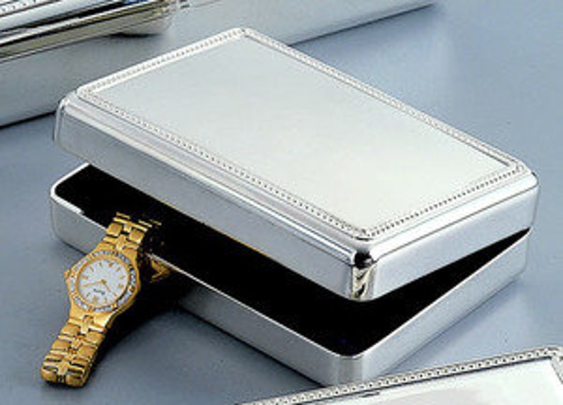 Jewelry Box Silver Beaded Edge Rectangular Brightly Polished Finish Perfect Keepsake Gift Personalized Free Engraving Non Tarnishing