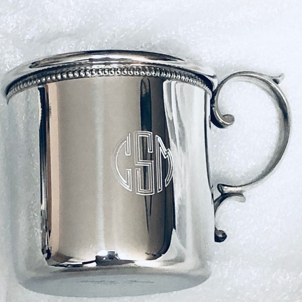 Baby Cup Pewter Beaded Edge Scroll Handle Keepsake Baby Gift Christening Baptism Baby Shower Silver Pewter USA Personalized Free Engraving