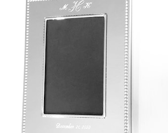 Silver Picture Frame Beaded Edge Holds 5"x7" Photo Personalized Wedding Anniversary Baby Graduation Friendship Keepsake Gift Free Engraving