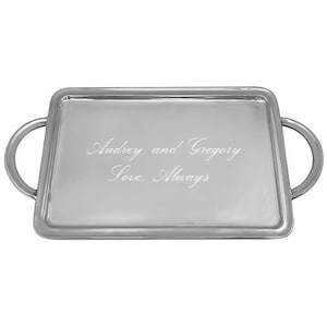May include: Silver serving tray with handles and an engraved message: "Audrey and Gregory Love, Always".