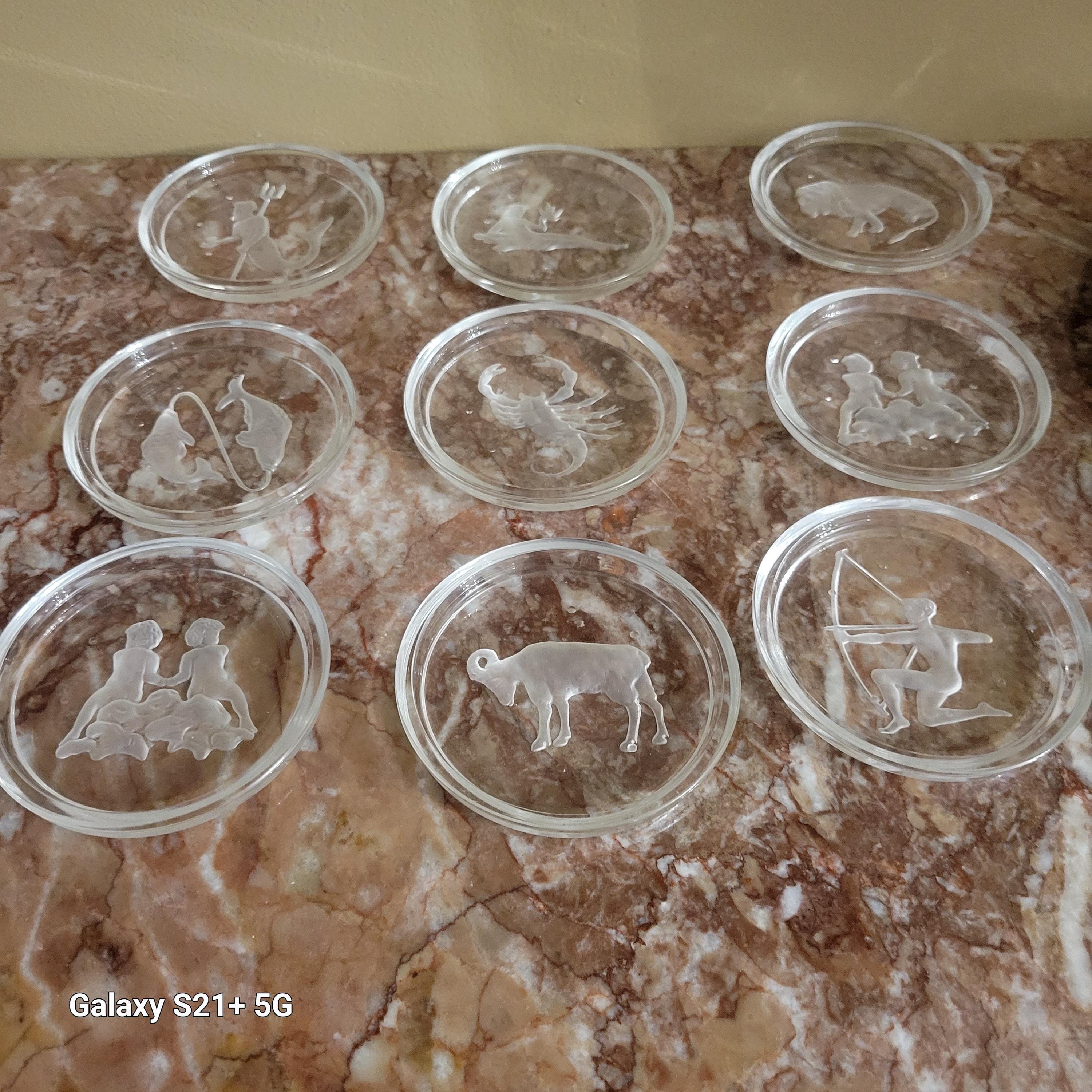 9 Vintage Val St. Lambert crystal coasters etched Zodiac design. Signed