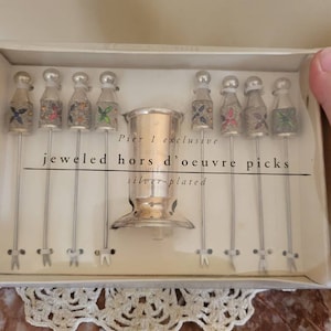 Bejeweled Classy silver tone appetizer picks with cup