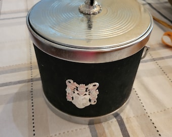 Vintage Mcm Barware Black Velvet Ice Bucket with coat of arms