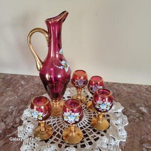 Antique Ruby Glass Decanter set with Cordial glasses Enamel floral handpainted with 24k gold trim