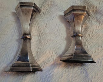 Vintage Pair Silverplated Geometric design pillar candleholders