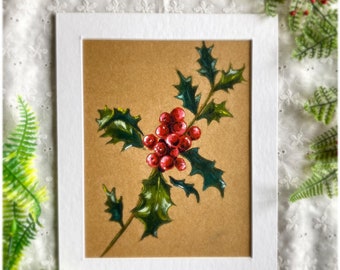 May include: A framed illustration of a holly sprig with red berries on a brown background. The holly leaves are green and have a glossy finish.