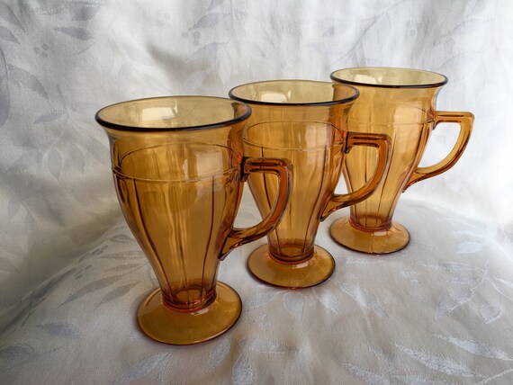 Vintage Amber Cambridge Glass 550 10 Oz Elegant Handled And Footed Mugsglasses Irish Coffee Ice Cream Soda Glasses - 
