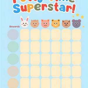 Puede incluir: Un gráfico de entrenamiento para ir al baño de color azul claro con las palabras "Potty Time Superstar!" en letras coloridas. El gráfico presenta un conejito, un gato, un tigre y un oso, con espacios de recompensa y elementos decorativos.